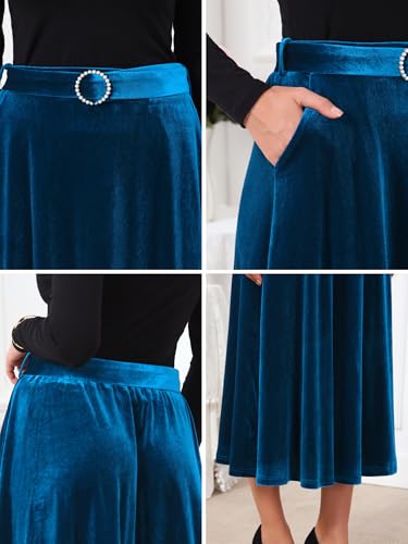 Women's Velvet High Waist A-Line Formal Long Skirt with Belt