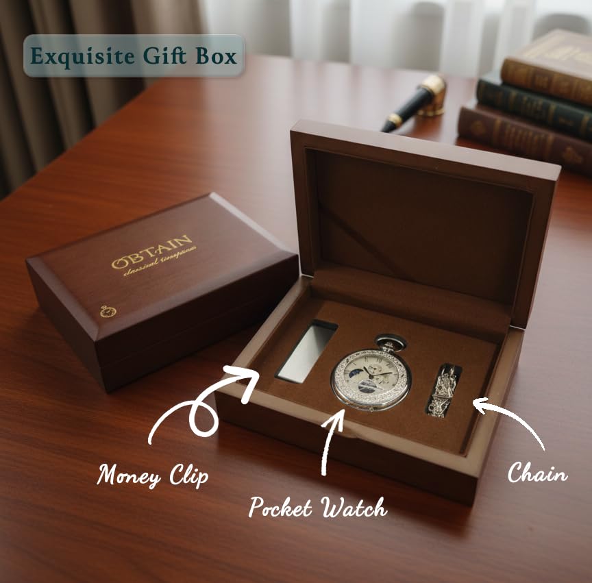 Mechanical Pocket Watch for Men — Antique Silver Wind-Up with Chain