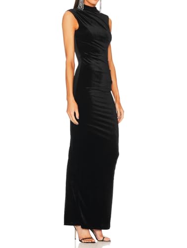 Women Backless Velvet Bodycon Maxi Dress High Neck Ruched Slit Party Dress Secondary image