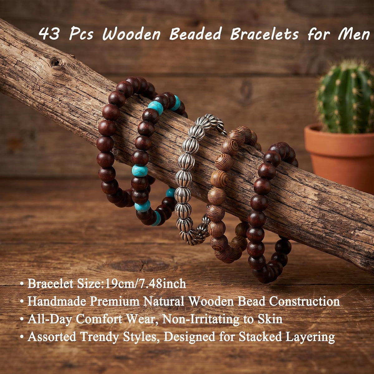 SONNYX 43Pcs Punk Wooden Beads Bracelets Gothic Bracelet for Men
