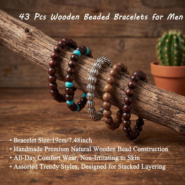 SONNYX 43Pcs Punk Wooden Beads Bracelets Gothic Bracelet for Men