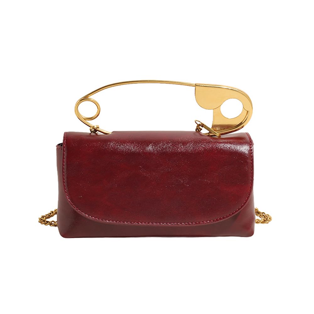 Women's Safety Pin Leather Crossbody Clutch with Gold Handles & Chain