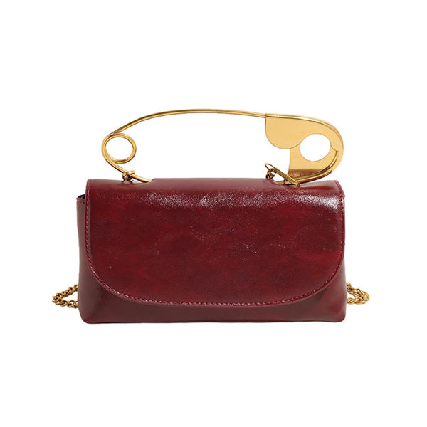 Women's Safety Pin Leather Crossbody Clutch with Gold Handles & Chain