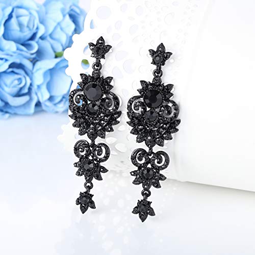 Vintage Floral Teardrop Butterfly Wing Black Austrian Crystal Drop Dangle Earrings for Women Bride Gift