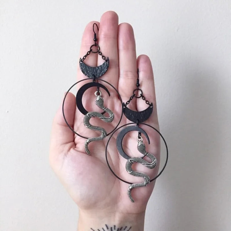 Gothic Snake Earrings - Serpent Moon Ritual Jewelry