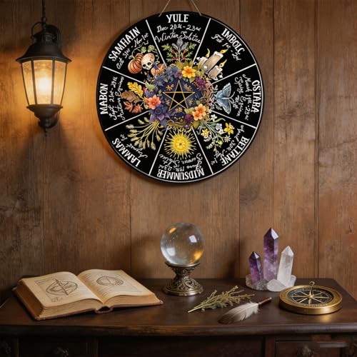 RIVEENY Wheel Of The Year Wall Hanging，12"Wheel Of The Year Wood Sign, Sabbats Pagan Witch Sign, Wiccan Holidays, Wicca Calendar, Yule Altar, Celestial Sign (GJ017)