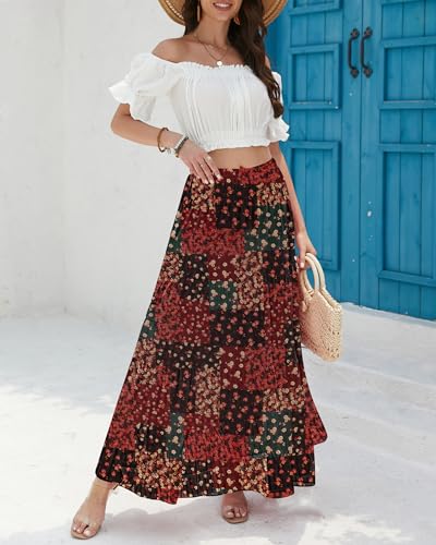CYiNu Women's Chiffon Elastic High Waist Tiered Pleated Floral Printed A-Line Boho Long Maxi Skirts