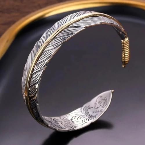 Yocoyee Vintage Feather Cuff Bracelet Lucky Hoop Feather Copper Bangle Simple Retro Adjustable Bracelet Jewelry for Men and Women