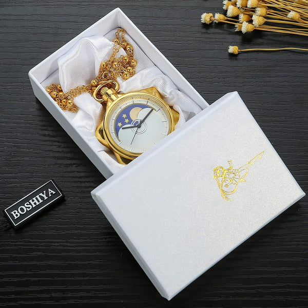 Moon Pocket Watch Gold Rhinestone Star Quartz Pocket Watches for Women