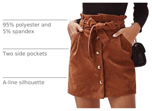 Susupeng Women Paperbag High Waist Elastic Belted Corduroy Button Front with Pockets Short Mini Skirt