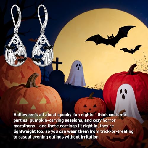 Halloween Earrings S925 Sterling Silver Ghost Bat Spider Cat Jewelry Gift