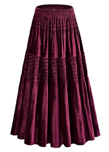 Women's Velvet Pleated Midi Skirt Elastic High Waist Fall Winter Tiered A-Line Party Long Skirts