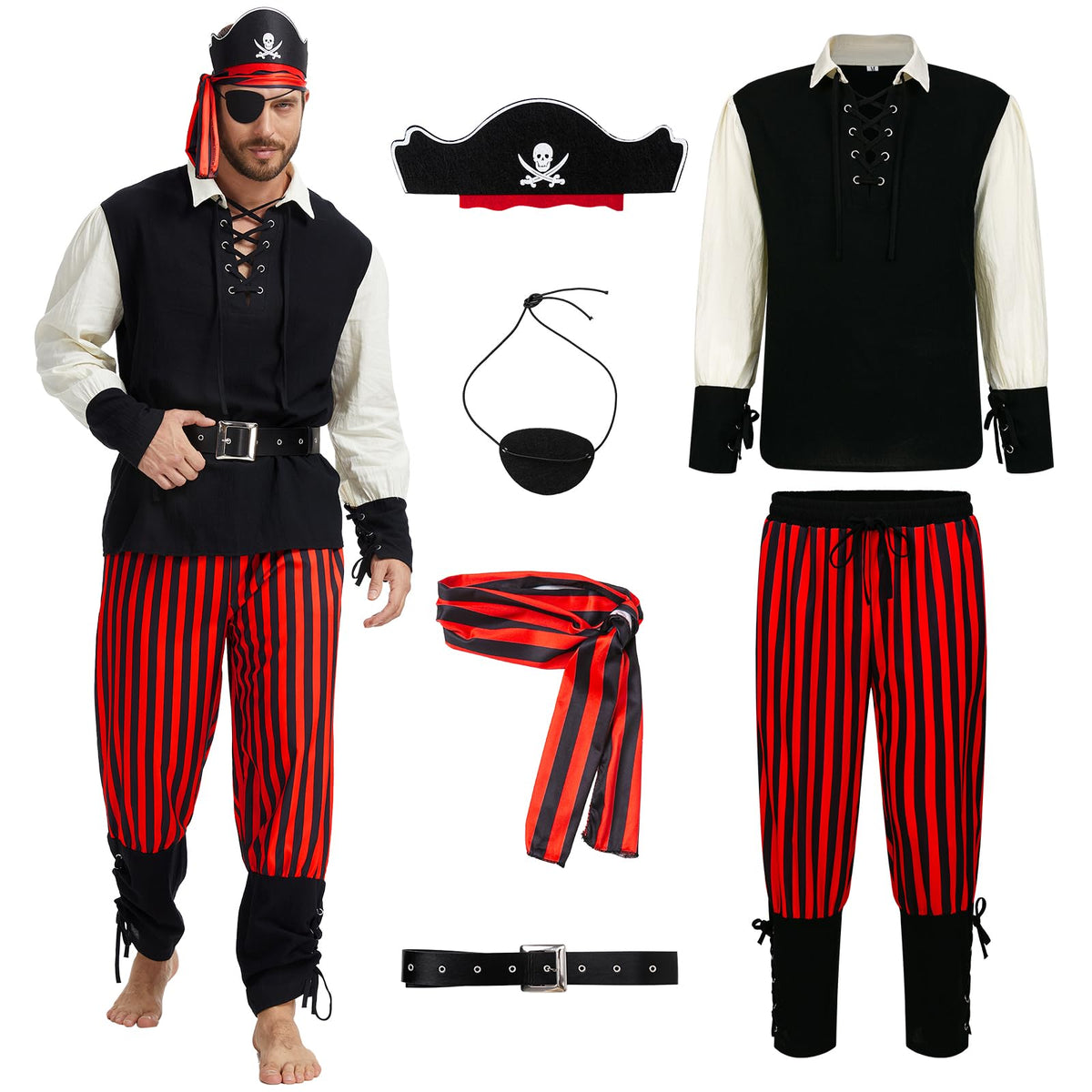 6PCS Mens Pirate Costume Adult with Accessories for Themed Parties