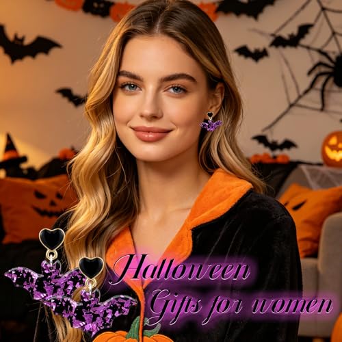Halloween Bat Earrings for Women, Halloween Gothic Purple Bat Earrings