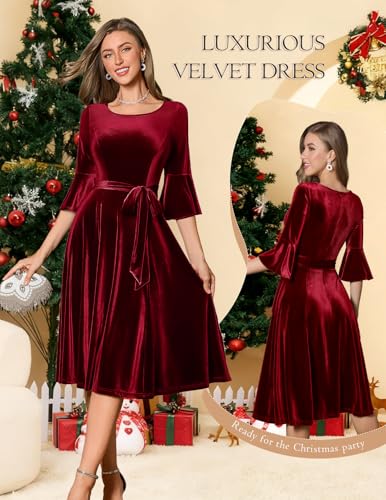 HomRain Long Sleeve Midi Velvet Dress for Women Vintage Christmas Dresses