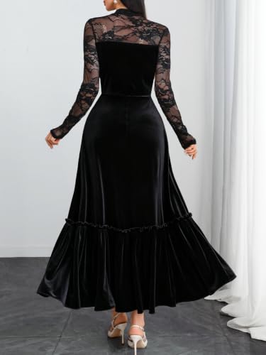 GothDark Women's Velvet Dress Lace Long Sleeve Tie Neck Formal Party Outfit