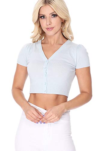YEMAK Women's Cropped Bolero Cardigan – Short Sleeve V-Neck Basic Classic Casual Button Down Knit Soft Sweater Knitted Top