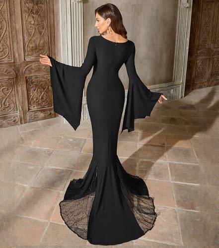 Gothic Mermaid Evening Dress Witch Halloween Morticia Addams Costume, V-Neck Bell Sleeves, Black Lace Train, Floor Length