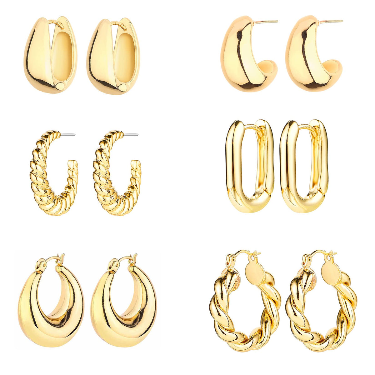 6 Pairs 14K Gold Plated Hoop Earrings for Women Lightweight Chunky Hoop Earrings Multipack Hypoallergenic, Thick Open Twisted Huggie Hoops Earring
