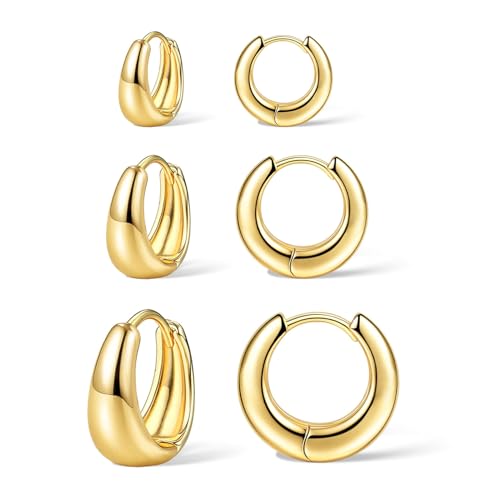 3 Pairs Gold Hoop Earrings Set for Women Trendy Chunky Small Huggie Jewelry