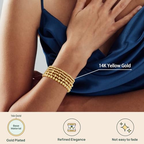 Gold Bracelets for Women Waterproof, 14K Gold Plated Beaded Strand Bead Ball Bracelets stack Adjustable Jewelry Set for Gifts