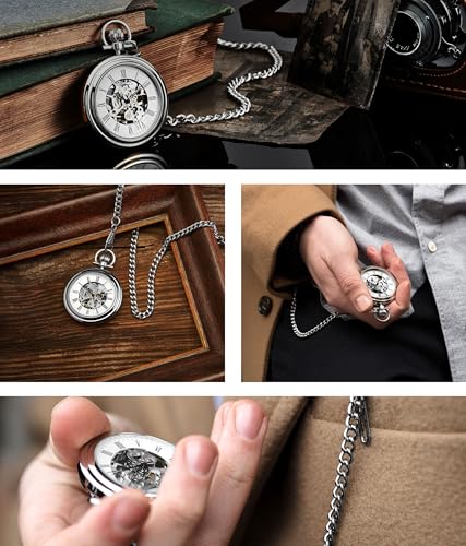 Stainless-Steel Skeleton Pocket Watch