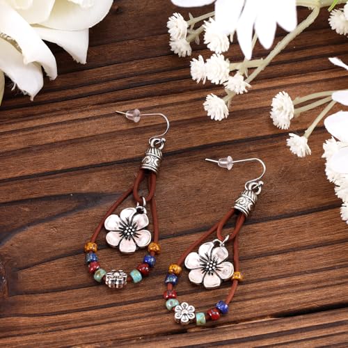 Western Leather Flower Dangle Earrings with Natural Stones