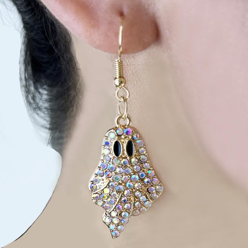 Halloween Pumpkin Ghost Earrings Sparkly Rhinestone Dangle Earring for Women