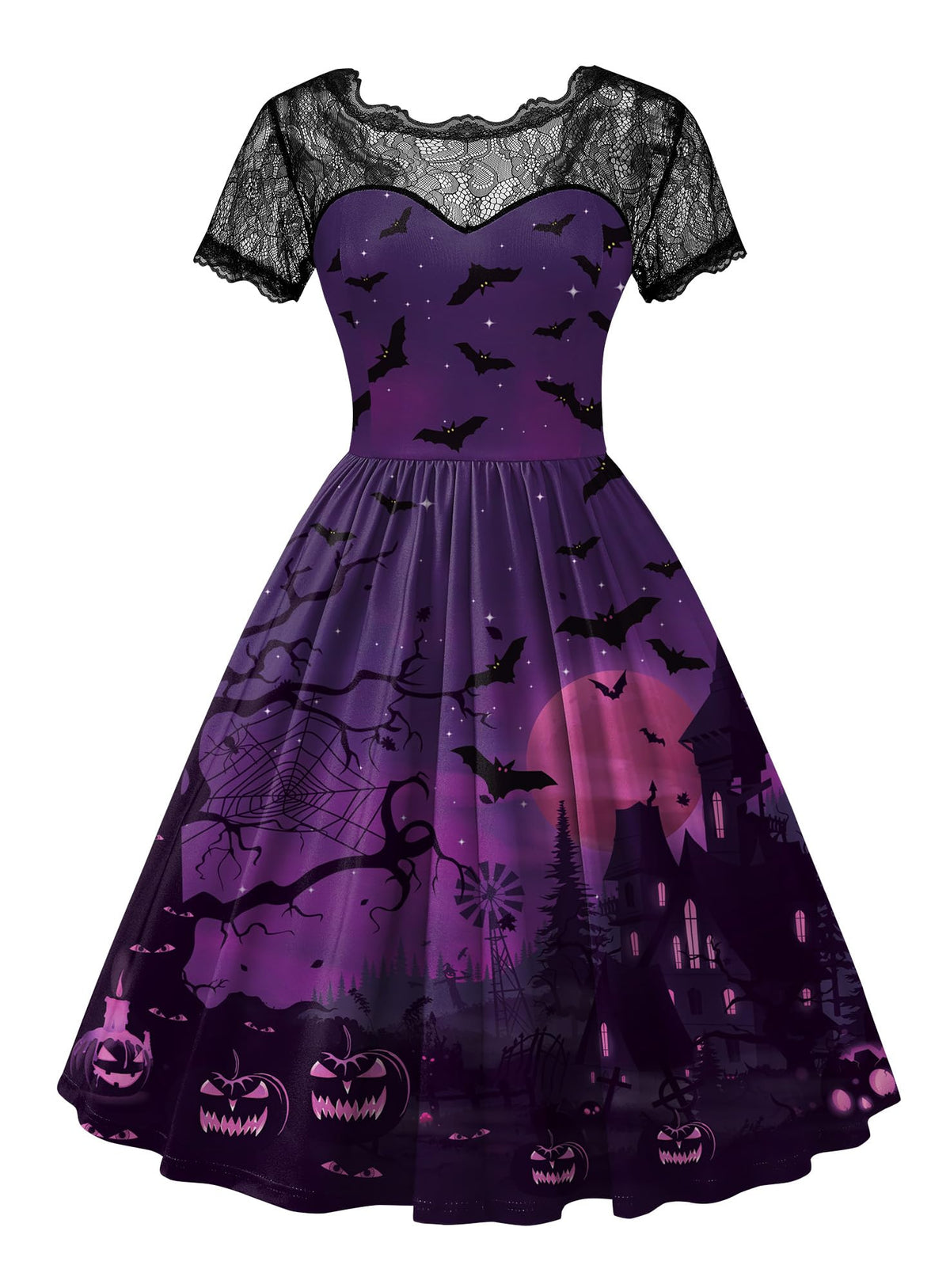 Women Halloween Party Costume Vintage Swing Lace Short Sleeve Witch Dress