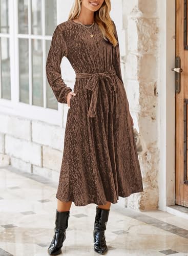 Happy Sailed Women's Velvet Dress Fashion Fall Winter Long Sleeve High Waist A-Line Semi Formal Wedding Guest Dresses