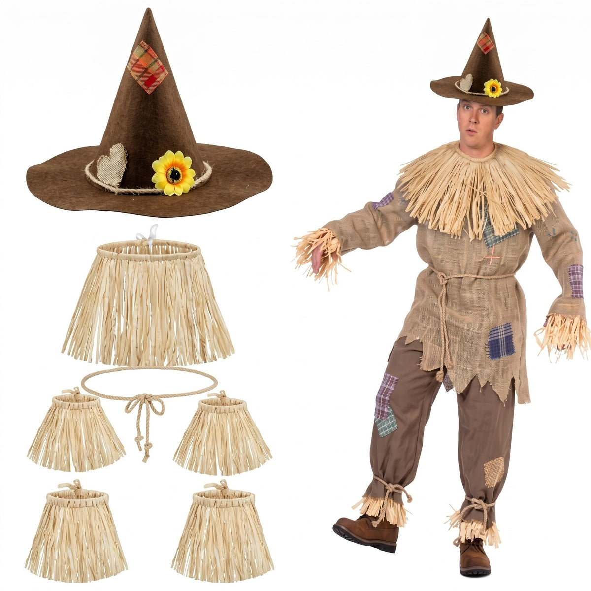 Geyoga 7 Pcs Scarecrow Costume Set Scarecrow Hat and Straw Kit