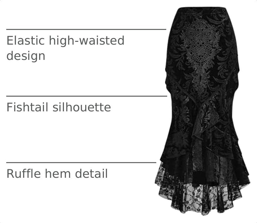 Verdusa Women's Goth Gothic Lace Fishtail Skirts Ruffle Vampire Bodycon Long Skirt