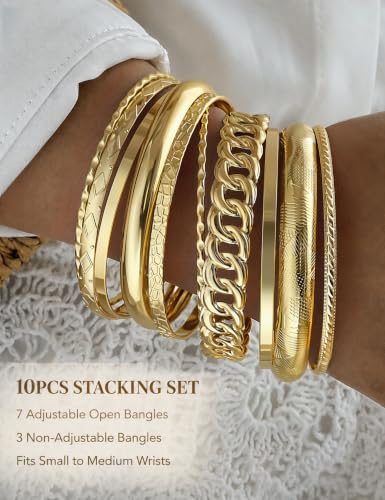 Gold Bangle Bracelets for Women, Indian Bangles Stackable Set, Multi Layer Textured 18K Gold Plated Chunky Bracelets Boho Jewelrys Set