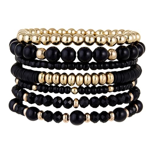 Bohemian Stackable Beaded Bracelets for Women, Multilayer Stretch Bead Bracelet Set, Vintage Boho Stacking Bracelets, Bohemian Jewelry Gifts for Women (Black)