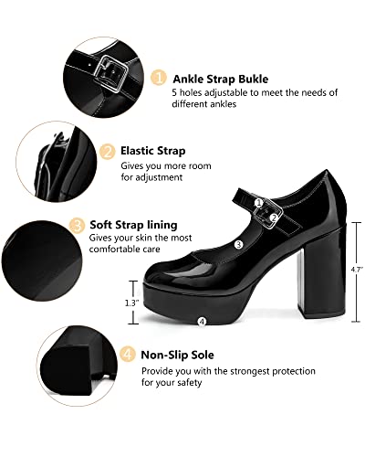 Coutgo Womens' T-Strap Round Toe Chunky Platform Heels Patent Mary Jane Dress Shoes