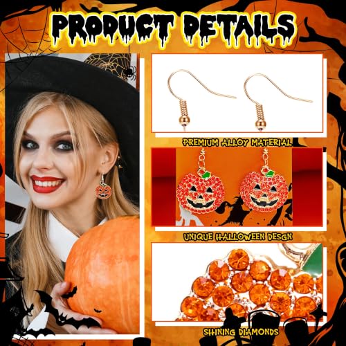 Halloween Earrings for Women Sparkly Rhinestone Pumpkin Dangle Earrings Jewelry Accessories for Halloween Costume Party