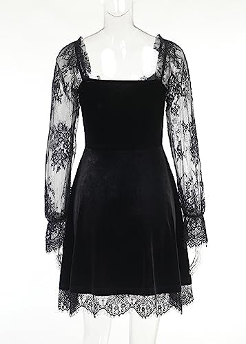 TSMNZMU Women Gothic Velvet Dress - Lace Long Sleeve Midi Lolita Dresses