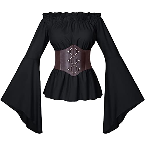 Womens Renaissance Victorian Peasant Ruffle Smocked Waist Boho Pirate Shirt Blouse with Belt Set