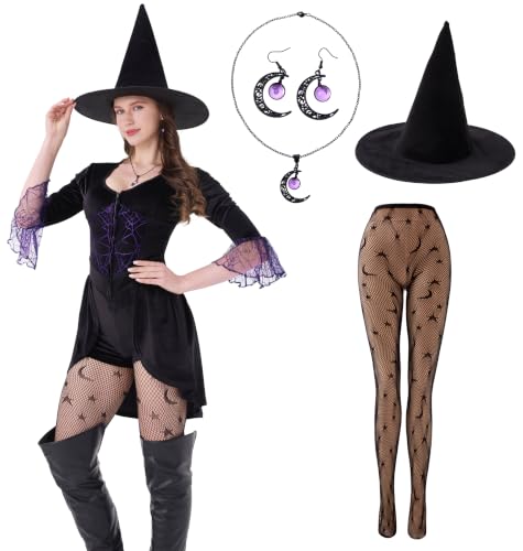 Womens Witch Costume Dress, Black Velour Bodysuit with Hat & Fishnet Tights