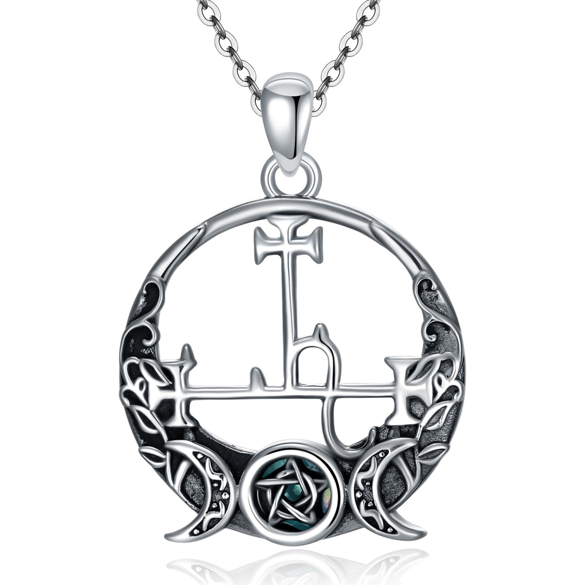 Sterling Silver Pentagram Necklace Triple Moon