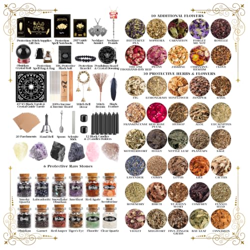 Wiccan Supplies and Tools for Protection, 130Pack Witchcraft Supplies Witchy Gift for Beginners, Dried Herbs, Crystals, Candles, Witch Starter Spell Kit