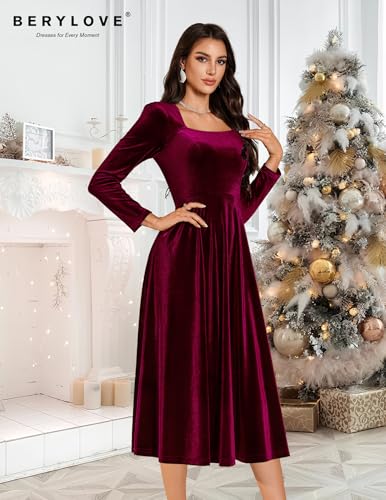 BeryLove Women Velvet Dress Cocktail Party Evening Dresses Long Sleeve Wedding Guest Formal Dresses