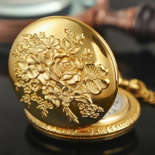 Vintage 3D Flower Quartz Pocket Watch with Chain
