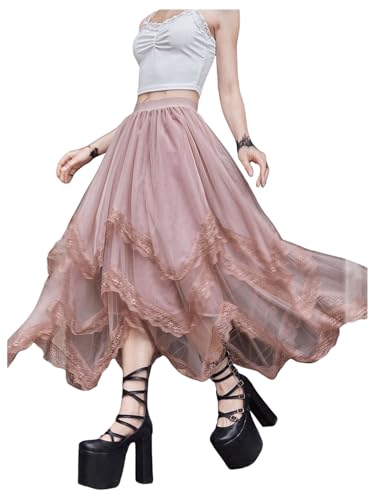 SHENHE Women's Lace Trim Layered Mesh Tulle Skirt Asymmetrical Goth Skirt