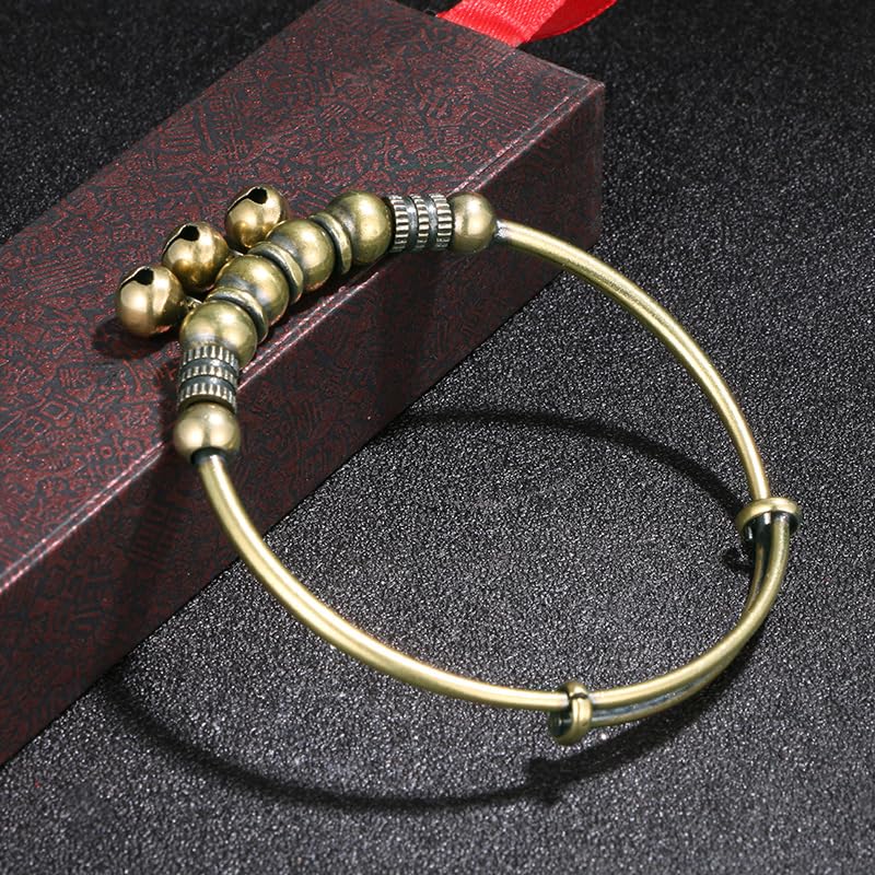 Vintage Bell Bracelet for Women, Bronze Adjustable Bangle, Retro Ethnic Charm Bracelet Tribal Brass Style Wristband Dangling Jingle Bells Boho Statement Festival Hand Accessory Jewelry