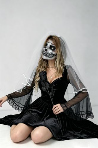 Black Velvet Dress for Women Halloween Lace Trim Cosplay Sheer Sleeve Swing Flare Dresses XS-XL