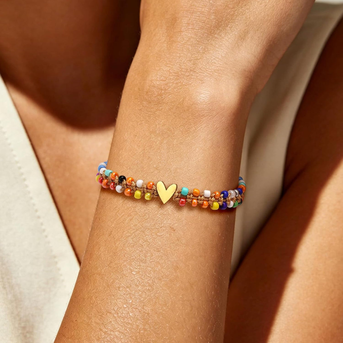 Beaded Bracelet for Women, Double Layer Colorful Seed Bead Bracelet with Heart Charm, Handmade Boho Stackable Bracelet, Adjustable Friendship Jewelry Gift for Women