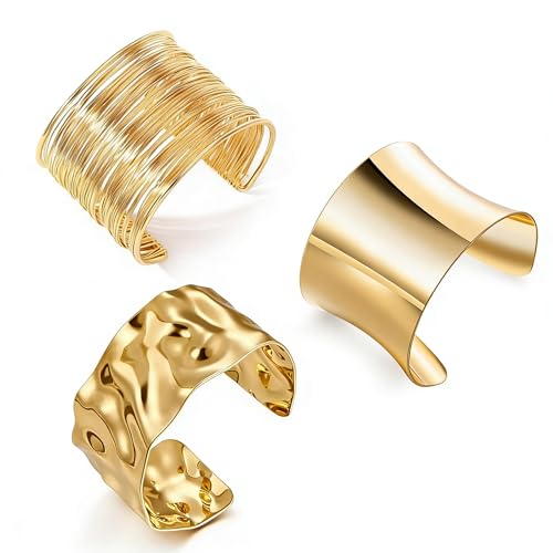 3PCS Gold Chunky Cuff Bracelets for Women Irregular Minimalist Statement Bangle Bracelets Set Open Wide Bangle Arm Cuff Upper Arm Punk Jewelry