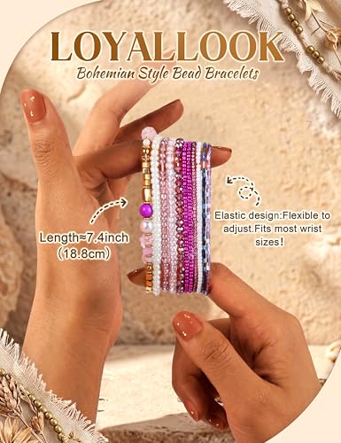 6 Sets Bohemian Stackable Bead Bracelets for Women Stretch Bohemian Style Stretch Multilayered Boho Bracelet Set