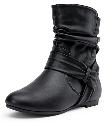 Women's Slouch Ankle Boots, Flat Low Heel Side Zip Booties 939A